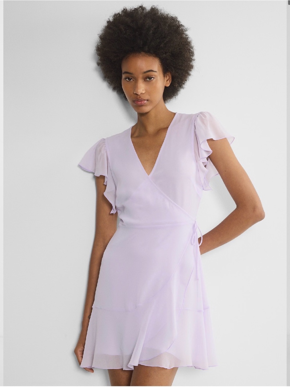 Aritzia Wilfred Field Lavender Wrap Mini Dress XL Flutter Sleeve Wedding Guest